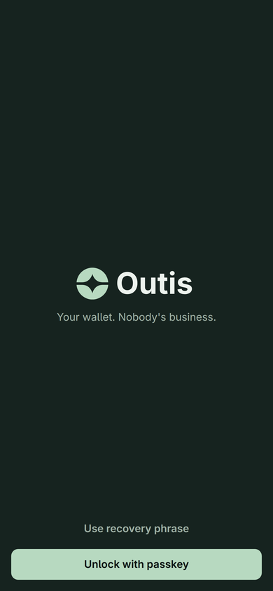 Outis on a phone, locked: the Outis logo, the line “Your wallet. Nobody’s business.” and an Unlock with passkey button.