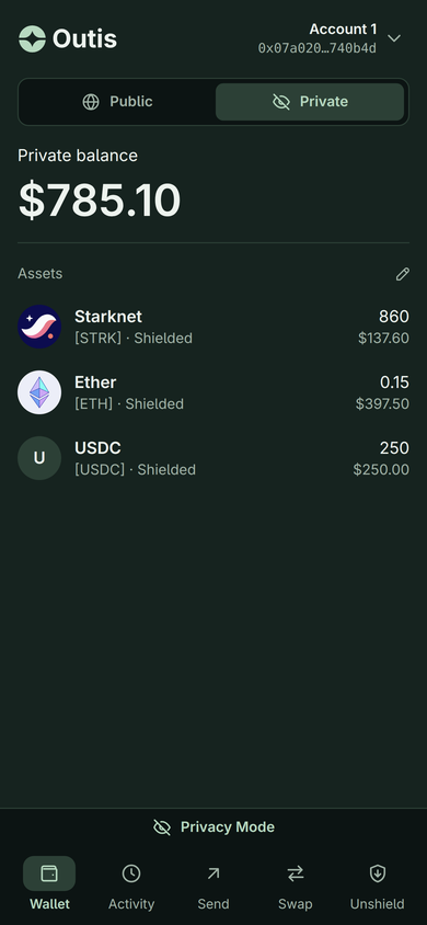 Outis on an iPhone, showing a private balance of $785.10.