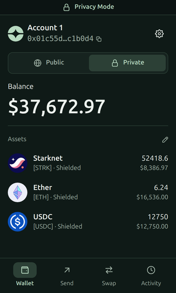 The Outis Chrome extension on its Private tab: a private balance of $37,672.97 in STRK, ETH and USDC, each marked Shielded.