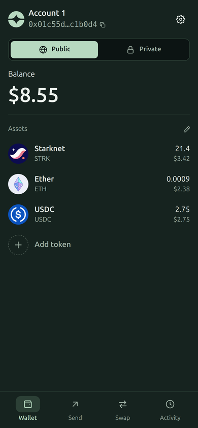Outis on a phone, on its Public tab: a public balance of $8.55 in STRK, ETH and USDC.