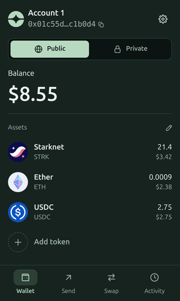 The Public tab: a public balance of $8.55 in STRK, ETH and USDC.