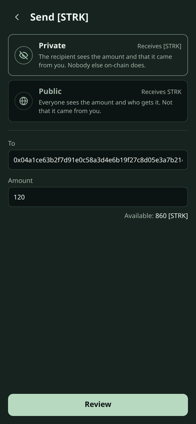 Outis on an iPhone, sending 120 STRK with the Private route chosen: The recipient sees the amount and that it came from you. Nobody else on-chain does.