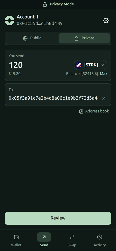 Outis on an iPhone, sending 120 STRK from the Private tab, under Privacy Mode.