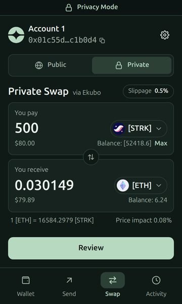The Private tab’s Private Swap: 500 shielded STRK for 0.030149 shielded ETH, via Ekubo.