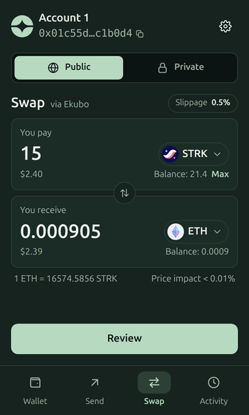 The Public tab’s Swap: 15 STRK for 0.000905 ETH, via Ekubo.